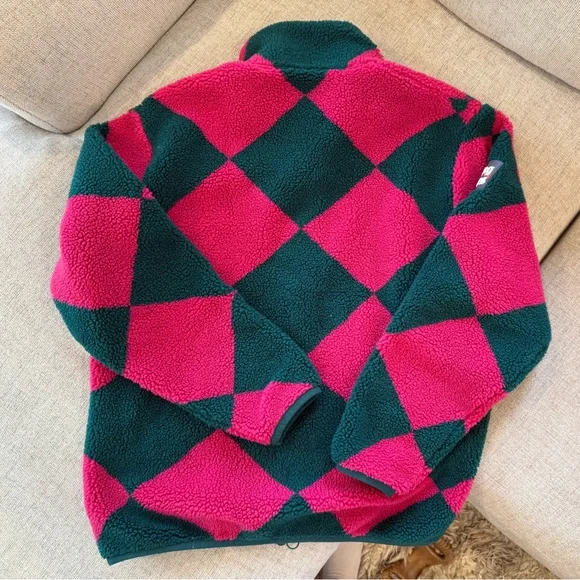 Rowing Blazers- Harlequin Deep-Pile Sherpa “Jockey” Fleece in Pink/Green - Picture 3 of 6